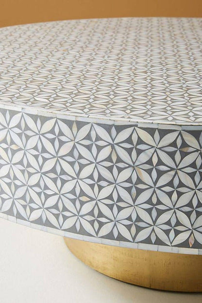 Handmade Bone Inlay Geometric Design Round Coffee Table with Brass Base in Grey Color