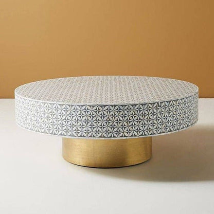 Handmade Bone Inlay Geometric Design Round Coffee Table with Brass Base in Grey Color