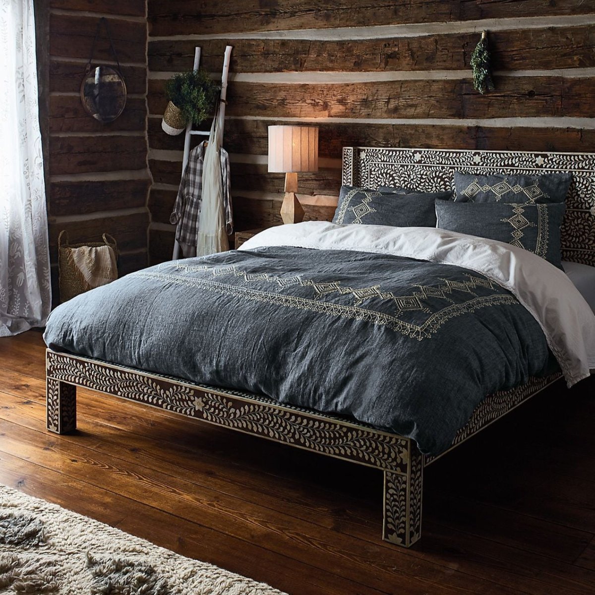 Handmade Bone Inlay King/Queen Bed Platform Bed with Headboard