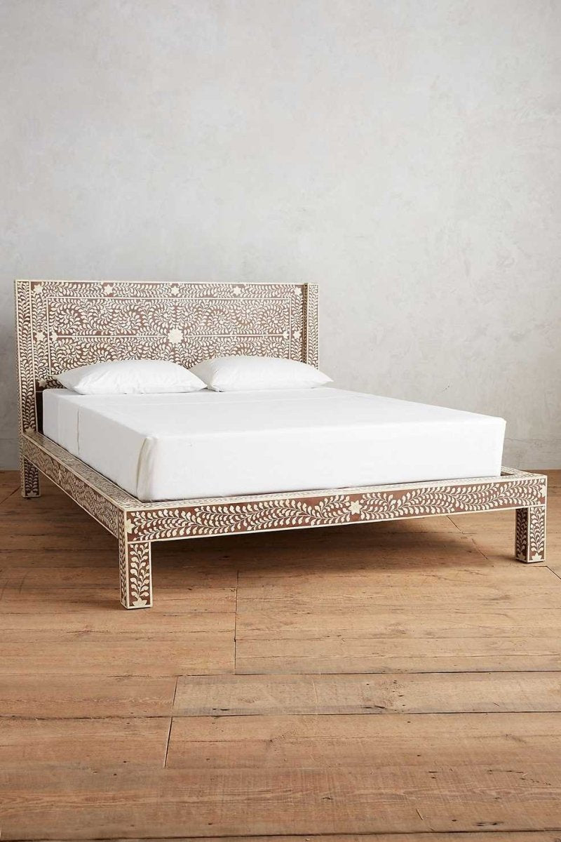 Handmade Bone Inlay King/Queen Bed Platform Bed with Headboard