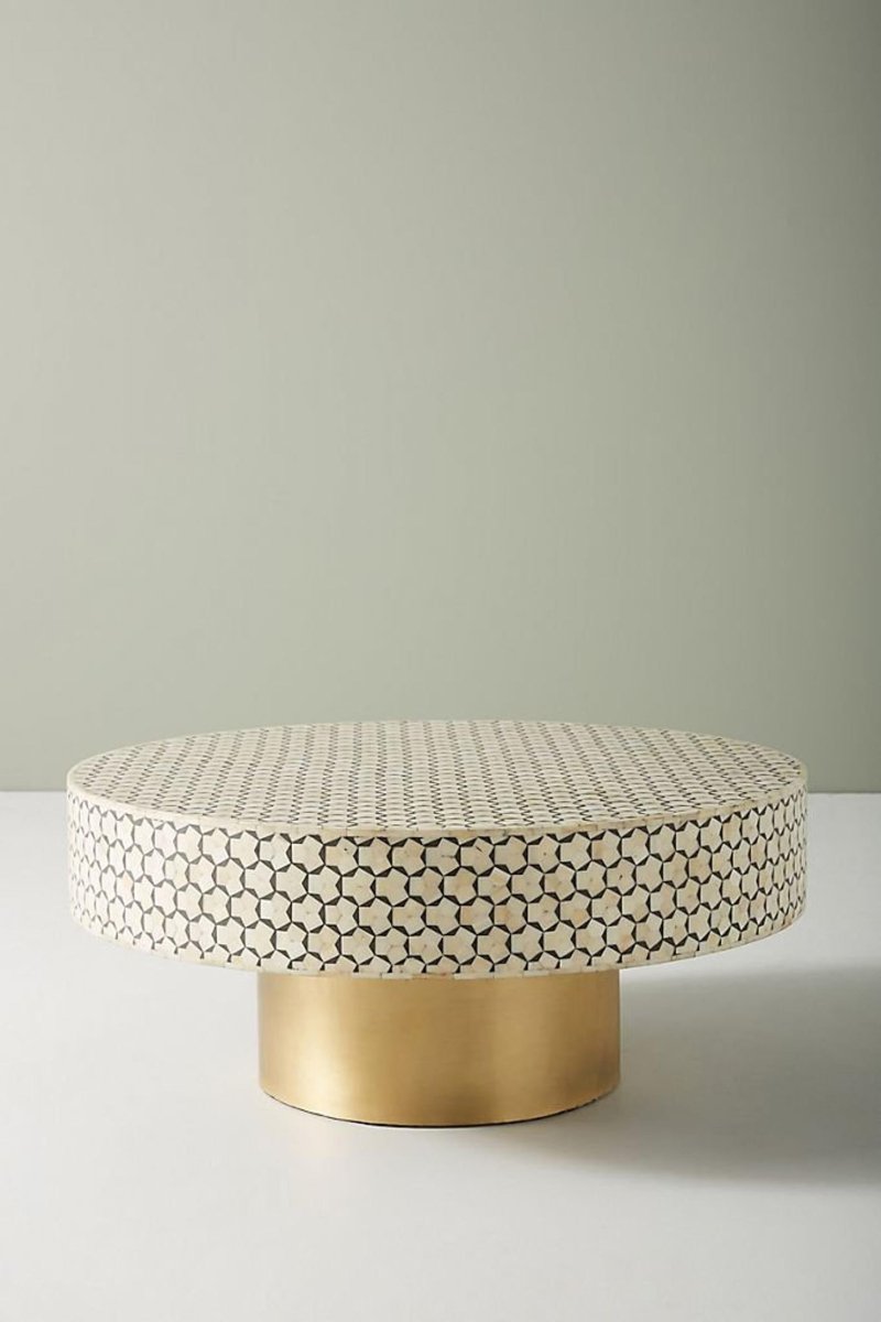 Handmade Bone Inlay Moroccan Round Coffee Table with Brass Base