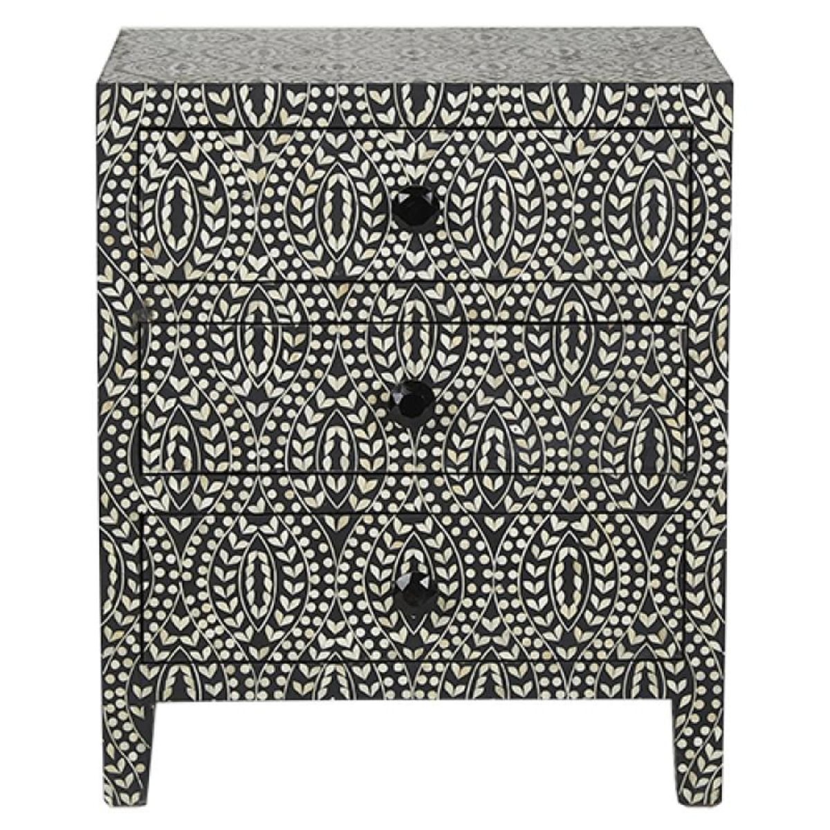 Handmade Bone Inlay Motif Design Bedside Table in Black Color