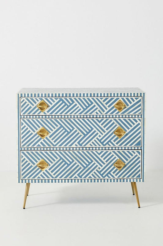 Handmade Bone Inlay Optical Chest of Three Drawer Dresser Sky Blue and White Color