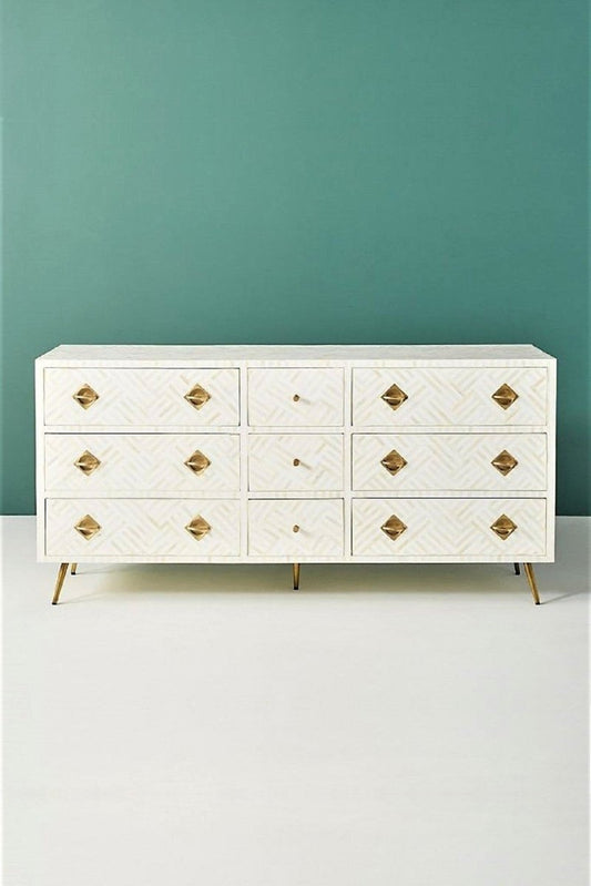 Handmade Bone inlay Optical Chest of Nine Drawers Dresser in White Color