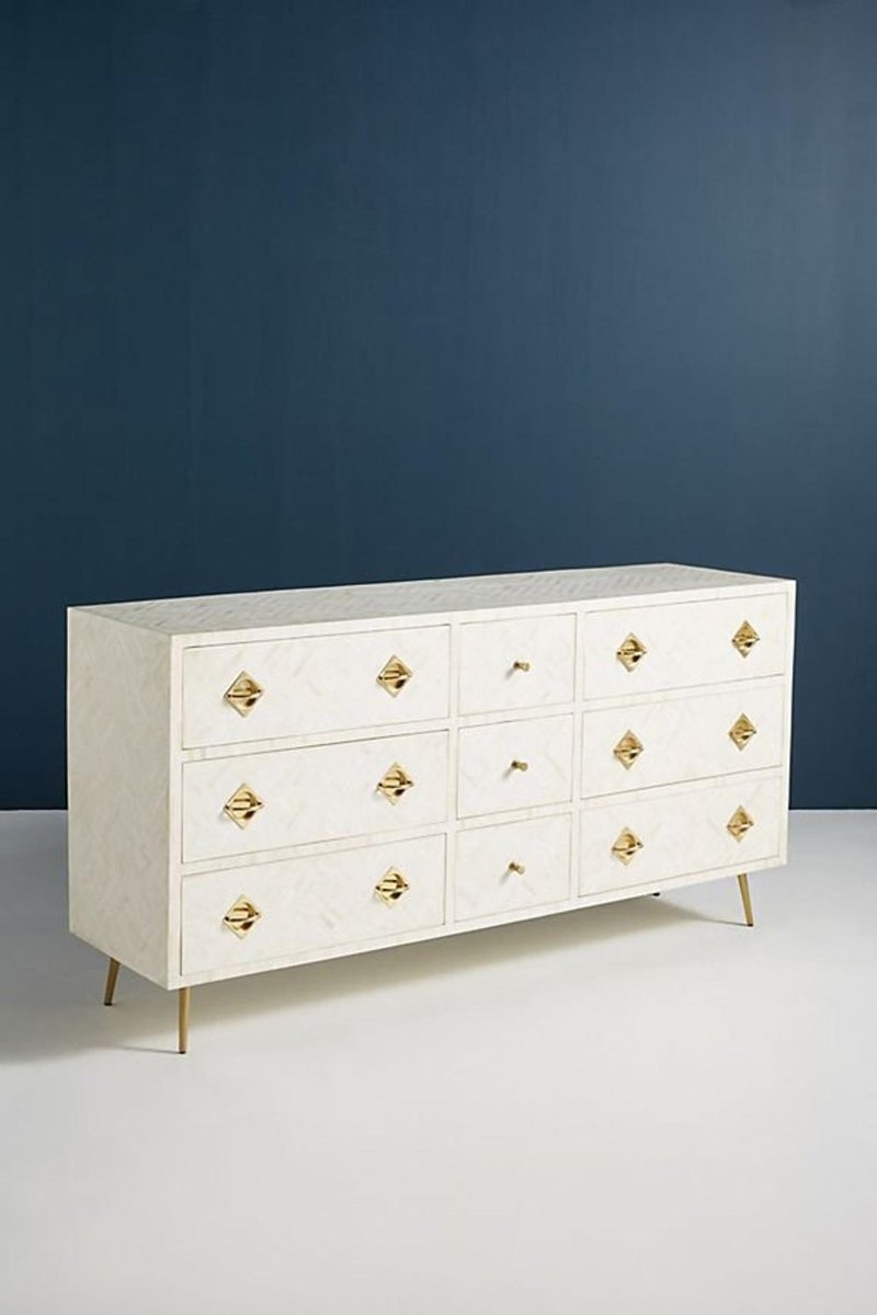 Handmade Bone inlay Optical Chest of Nine Drawers Dresser in White Color