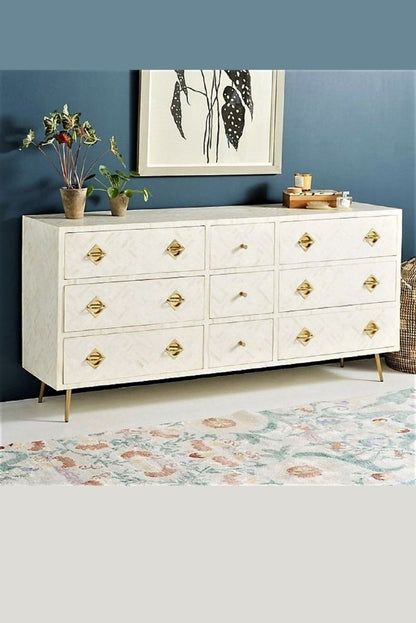 Handmade Bone inlay Optical Chest of Nine Drawers Dresser in White Color