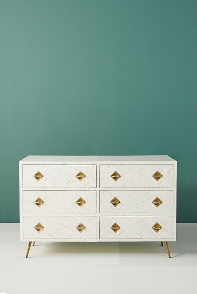 Handmade Bone Inlay Optical Design Chest of Six Drawers in White Color Storage Unit