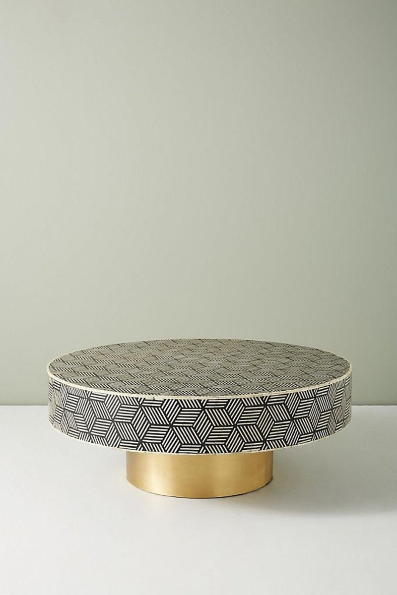 Handmade Bone Inlay Round Coffee Table in Black Color with brass base