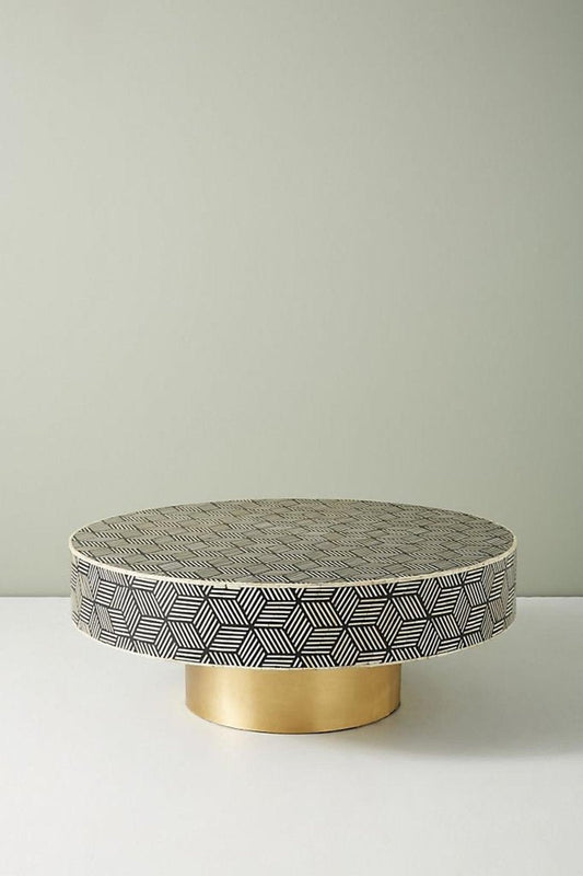 Handmade Bone Inlay Round Coffee Table in Black Color with brass base