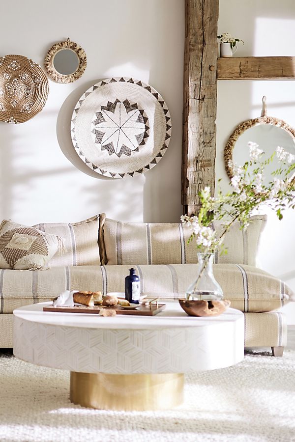 Handmade Bone Inlay Round Coffee Table in White Color