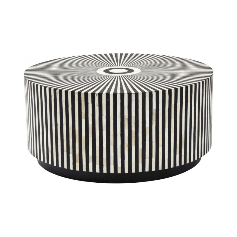 Handmade Bone Inlay Round Strip Design Coffee Table Black & White Color