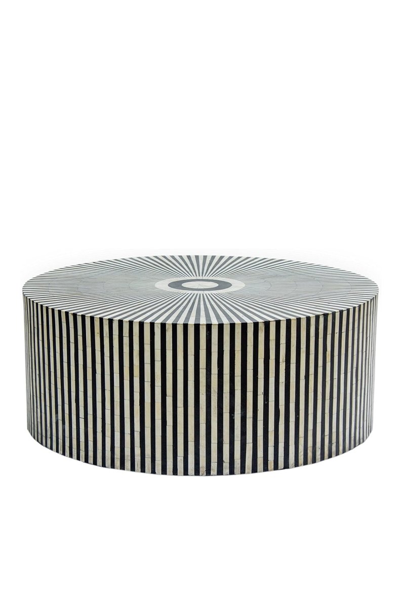 Handmade Bone Inlay Round Strip Design Coffee Table Black & White Color