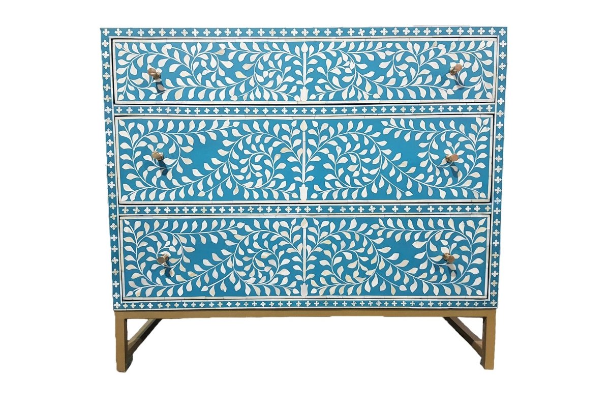 Handmade Bone Inlay Chest of Three Drawers Dresser Teal Green Color