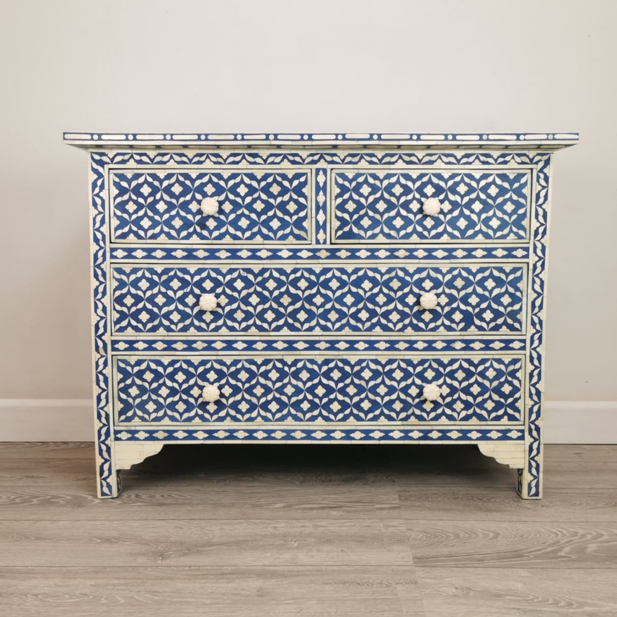 Handmade Bone inlay Semi Geometric Chest of Four Drawers Dresser in Dark Blue Color