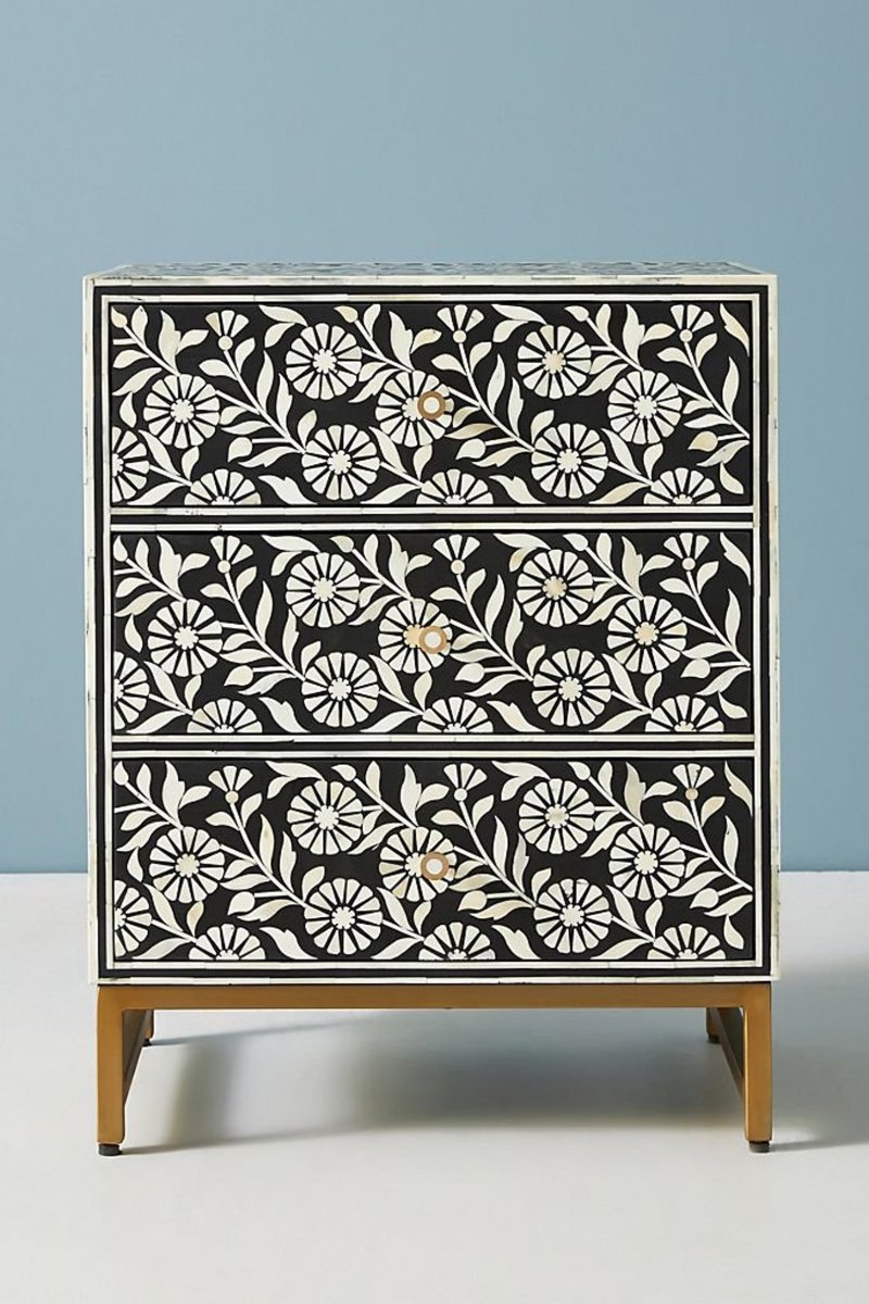 Handmade Bone Inlay Sunflower Design Three Drawers Nightstand Black Color