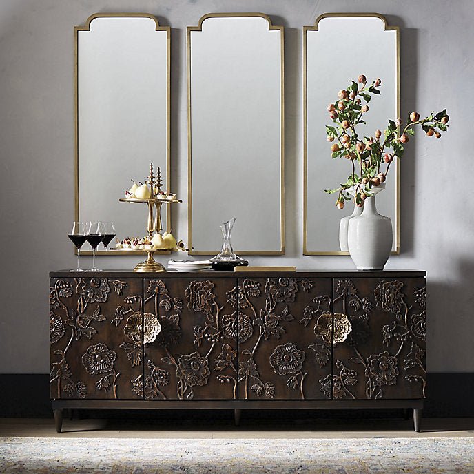 Hand Carved Brown Floral Design Miri  Sideboard Buffet with Four Door