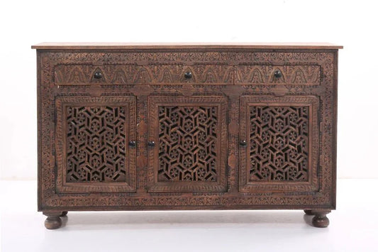 Brown Wooden Carved Three Door and Three Drawer Sideboard Buffet Table