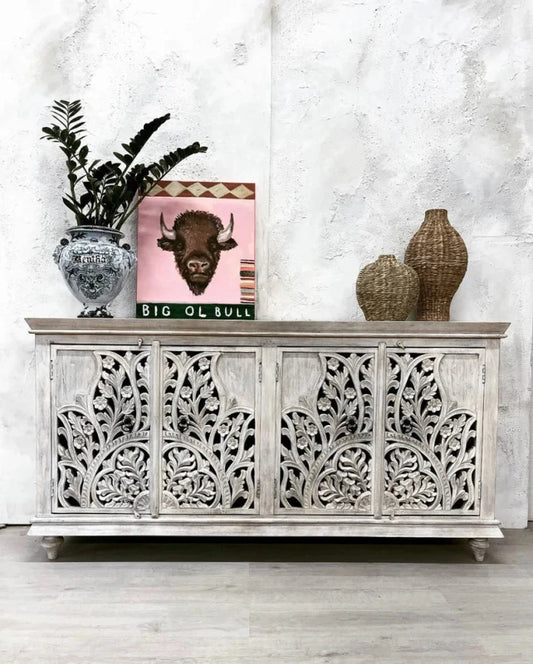 Carved Solid Wood Sideboard Buffet Table with Four Door in White Color