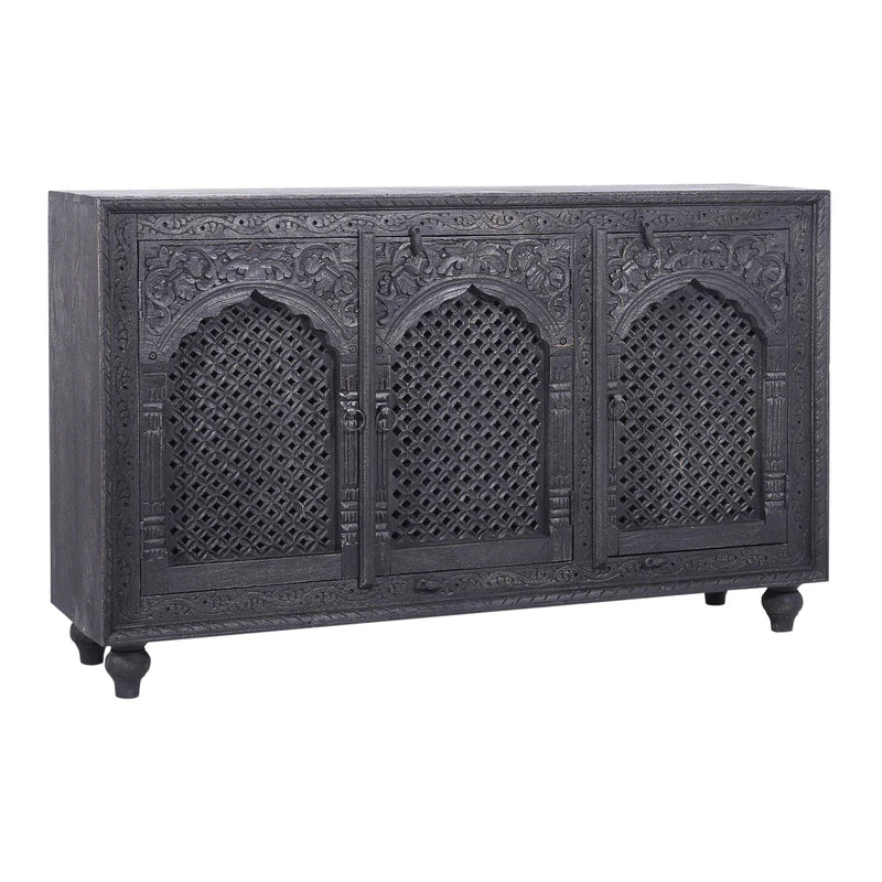 Carved Wooden Sideboard Buffet Table in Distressed Black Finish