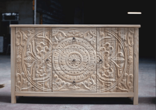 Hand Carved Natural Wood Sideboard Buffet with Three Drawers and Two Doors