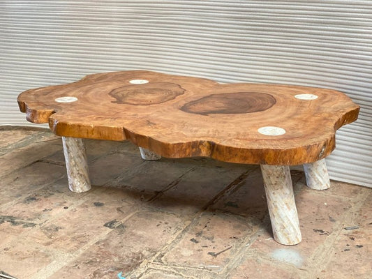 Handmade Live Edge Natural Wooden Slab Coffee Table with Mother of Pearl Legs