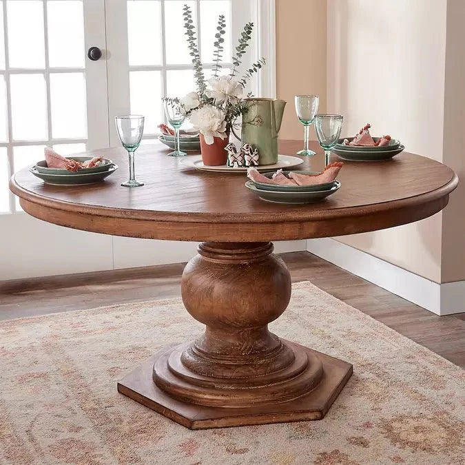 Handmade Designer Solid Wooden Natural Color Wooden Round Pedestal Dining Table