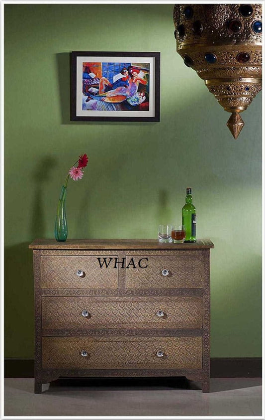 Handmade Embossed Brass Metal Chest of Four Drawers | Indian Metal Four Drawers Dresser