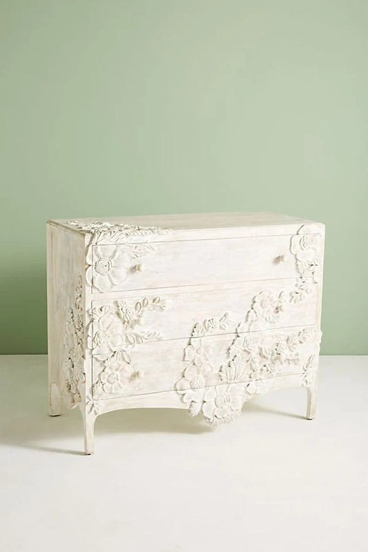 Hand Carved Enchantment Three Drawer Dresser Rose Design in White Color