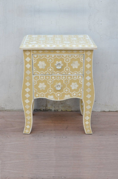 Handmade Exclusive Bone Inlay Floral Pattern Nightstand with Two Drawer