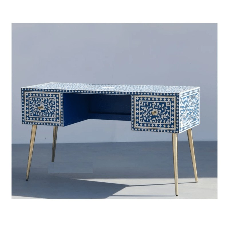 Handmade Exclusive Bone Inlay Work Desk Console Table in Blue Color