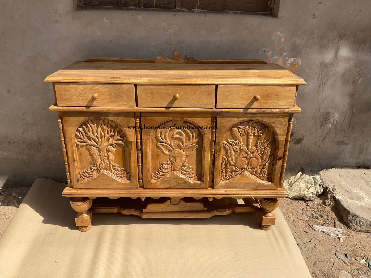 Hand Carved Exclusive Menagerie Buffet Table in Natural Color | Animal Hand Carved Sideboard