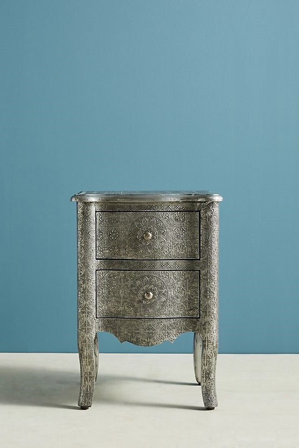 Handmade Exclusive Embossed Silver Metal Nightstand | Metal Bedside with Two Drawers