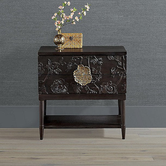 Hand Carved Floral Design Brown Hand Carved Nightstand with Two Drawers and One Shelf