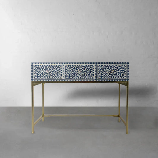 Handmade Floral design Bone Inlay Console Table with Three Drawers in Blue