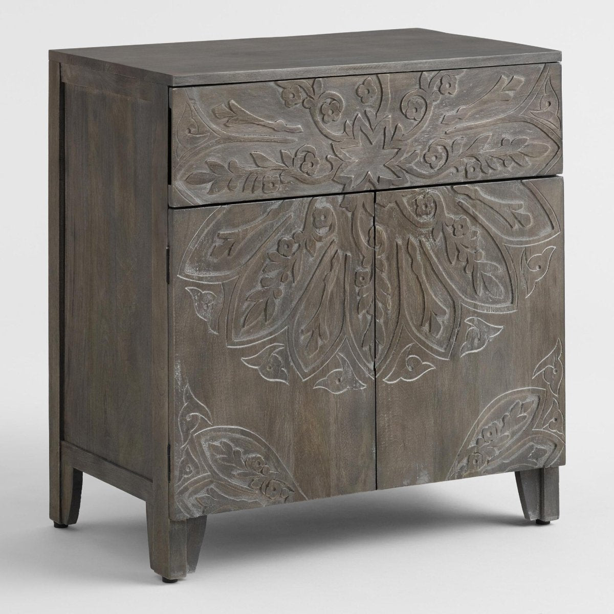 Handmade Floral Medallion Carved Tara Cabinet | Grey Color Wooden Small Sideboard