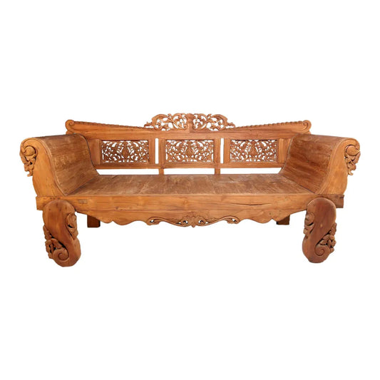 Hand Carved Bali Teak Daybed with Carving Rails in Natural Color