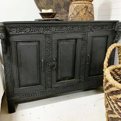 Hand-Carved Black Color Buffet Table | Solid Wooden Credenza