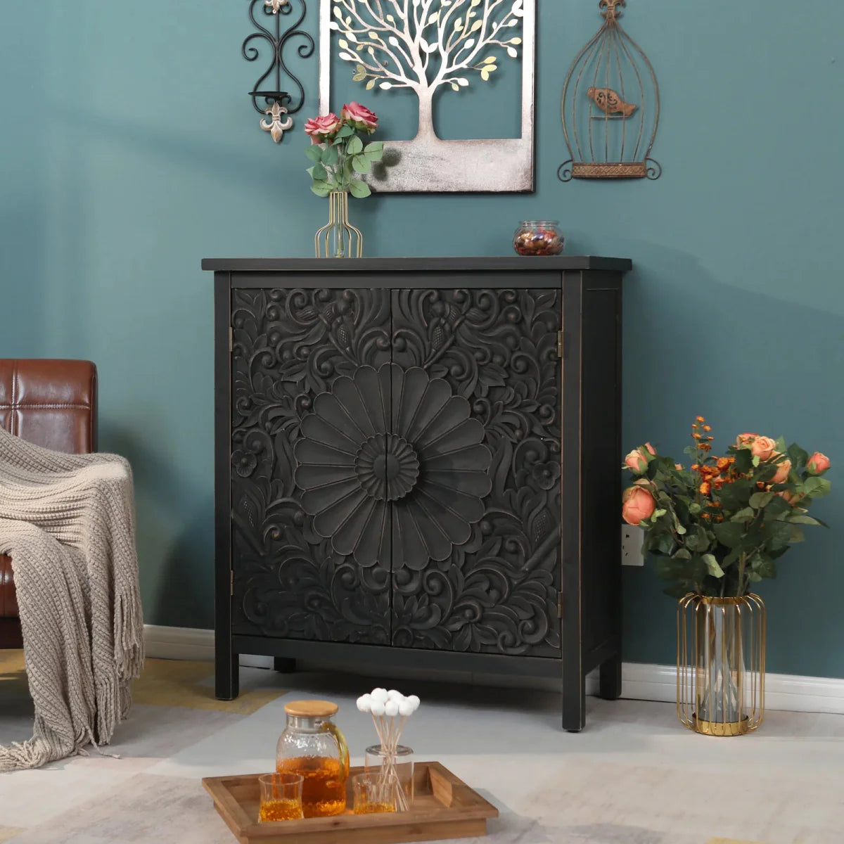 Natural Hand Carved Black Color Wooden Sideboard Cabinet