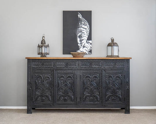 Hand Carved Wooden Bohemian Sideboard in Black |Charcoal Buffet