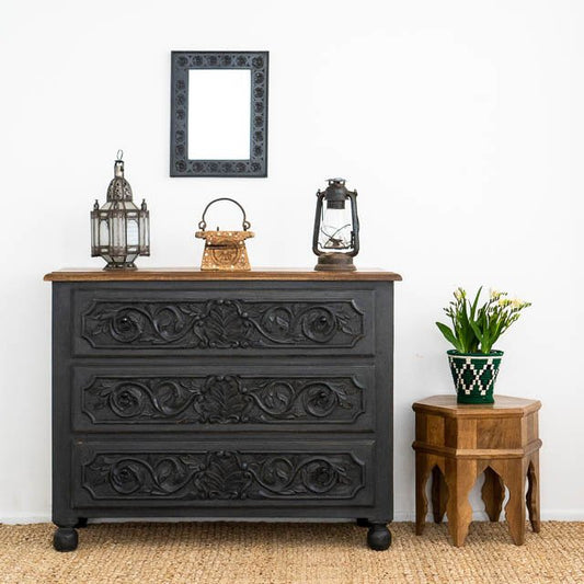 Wooden Hand Carved Boho Charcoal Chest of Three Drawers Dresser | Drawers for Living Room