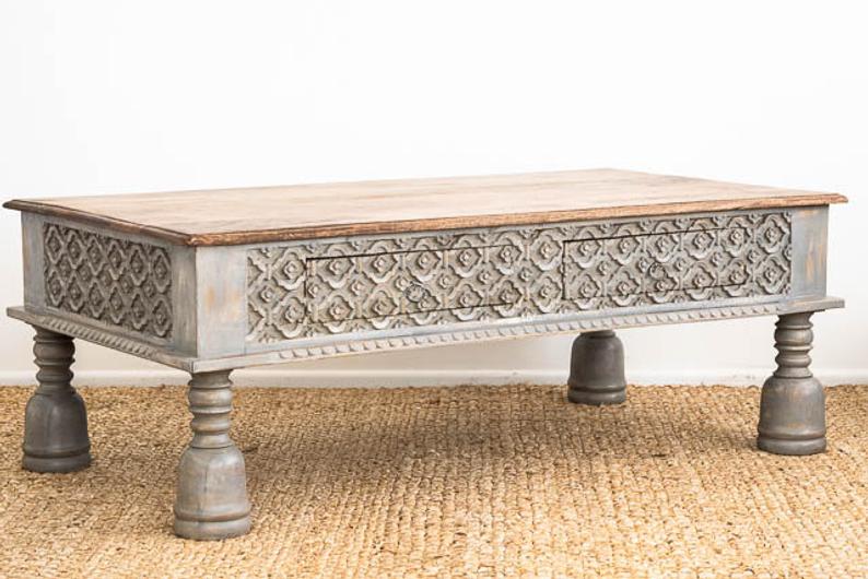 Hand Carved Coffee table with Two Drawers | Wooden Center Table with Storage