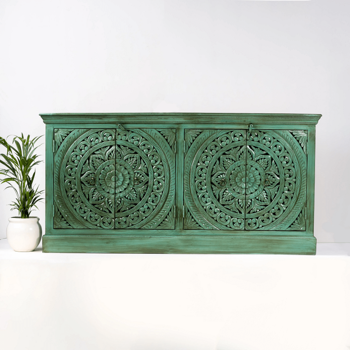 Hand carved Dark Green Indian Sideboard Buffet Table with Four Door