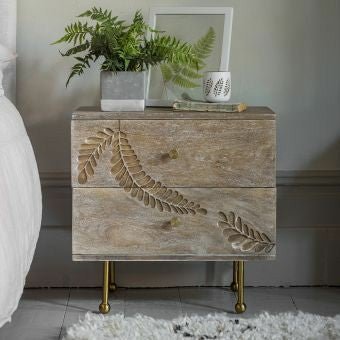 Hand-Carved Fern Bedside Indian Wooden Nightstand