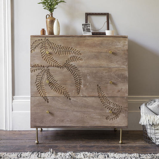 Leaf Design Hand Carved Fern Chest of Three Drawers Dresser Solid wooden furniture