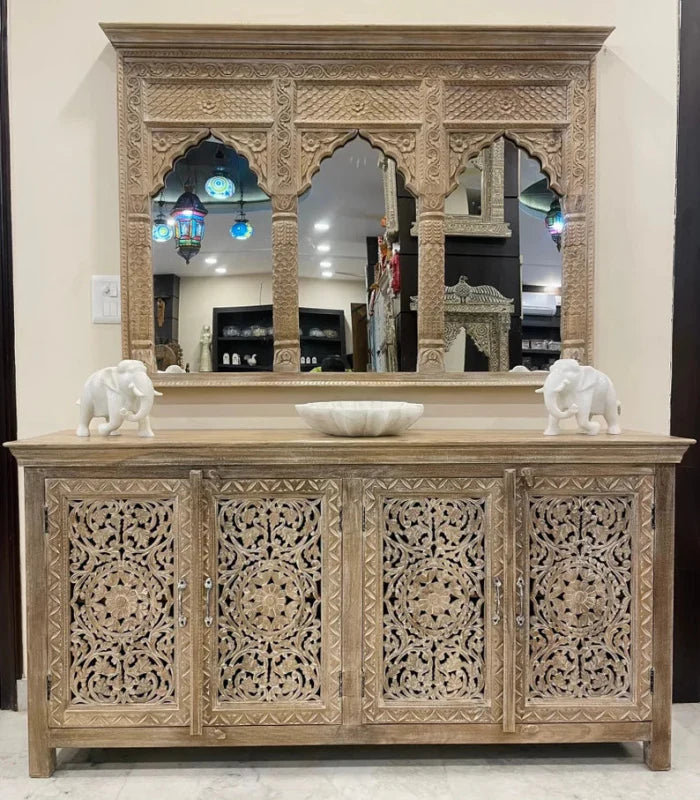 Hand Carved Floral Design Mirror Sideboard Cabinet with Four Doors