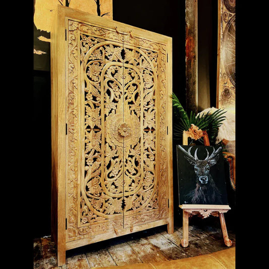 Wooden Hand Carved Natural Floral Design Two Door Almirah