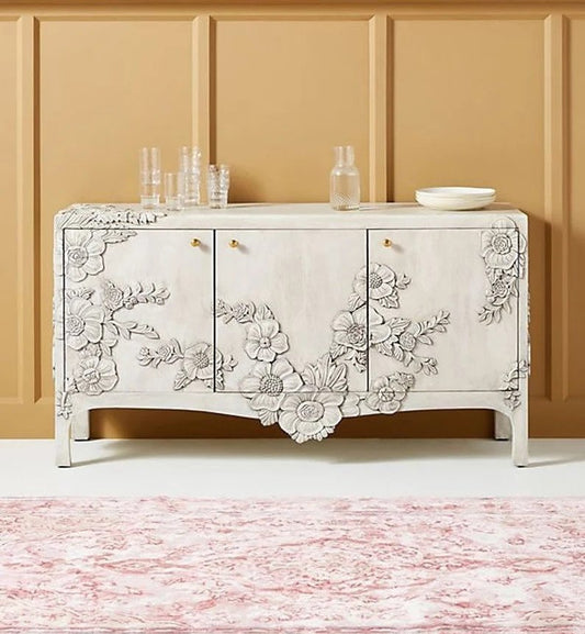 Hand-carved Floral Sideboard |White Distress Finish Buffet table