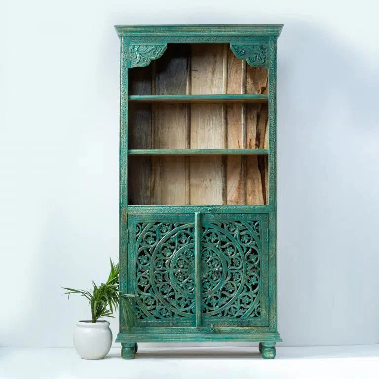 Hand Carved Green Color Bookcase Open Display Cabinet with Three Shelf and Two door