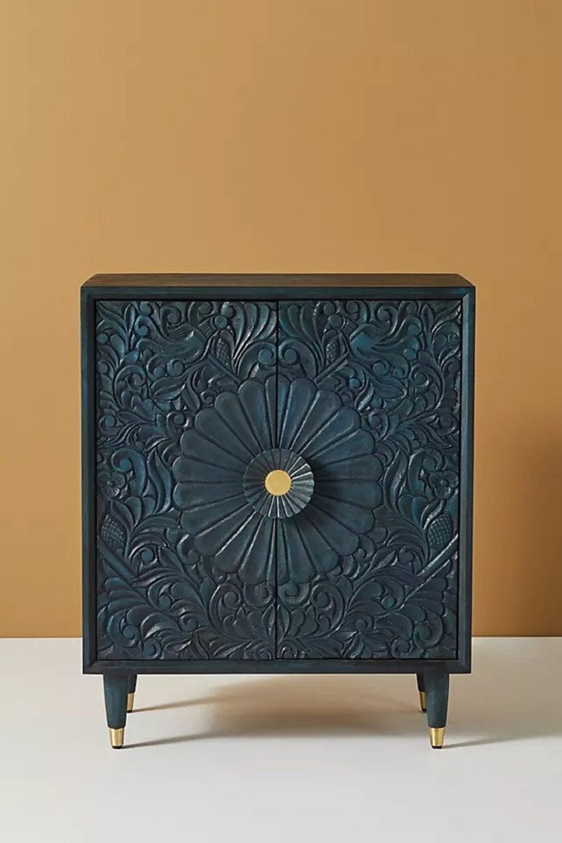 Hand-carved Gulliver Entryway Cabinet |Indigo Color Cabinetry Furniture