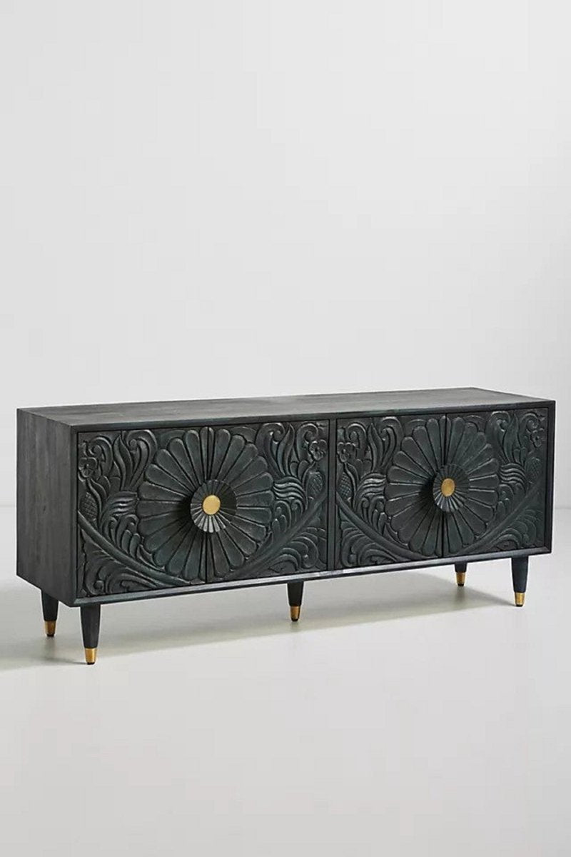 Hand Carved Gulliver Media Console | Wooden TV Unit Indigo Color | Indian Furniture